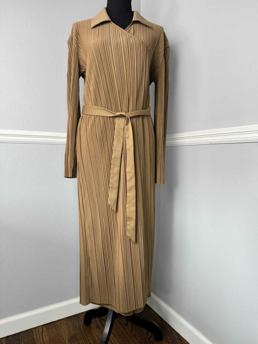 Mango Women's 4 Brown Wrapped Micro Pleated Midi Dress Classy Evening Party NWT